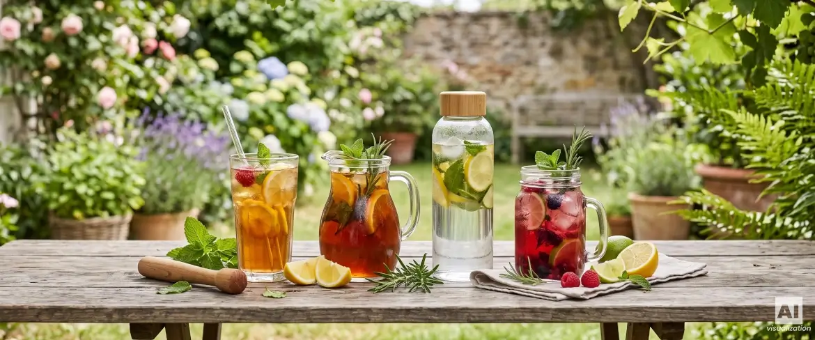 Forskellige kolde drikke i glas, kander, krukker og en flaske med frugt og urter.