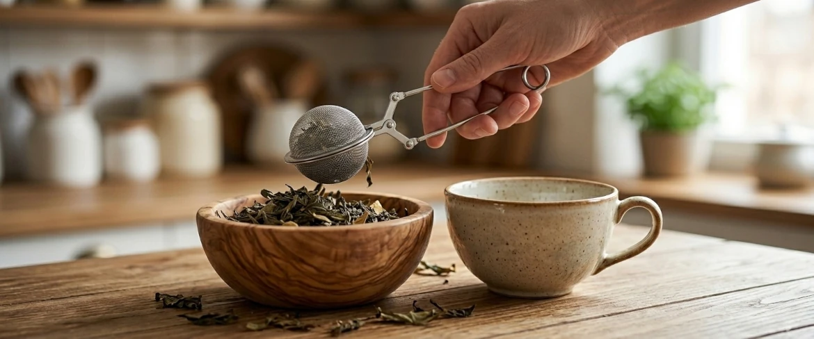 En tefilter af stål i form af en tang, der bruges til at skovle løse teblade op fra en træskål