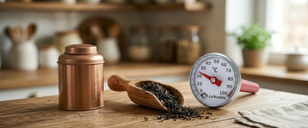 Uundværligt te-tilbehør: en tebeholder af metal, en træske fyldt med løse teblade og et te-termometer