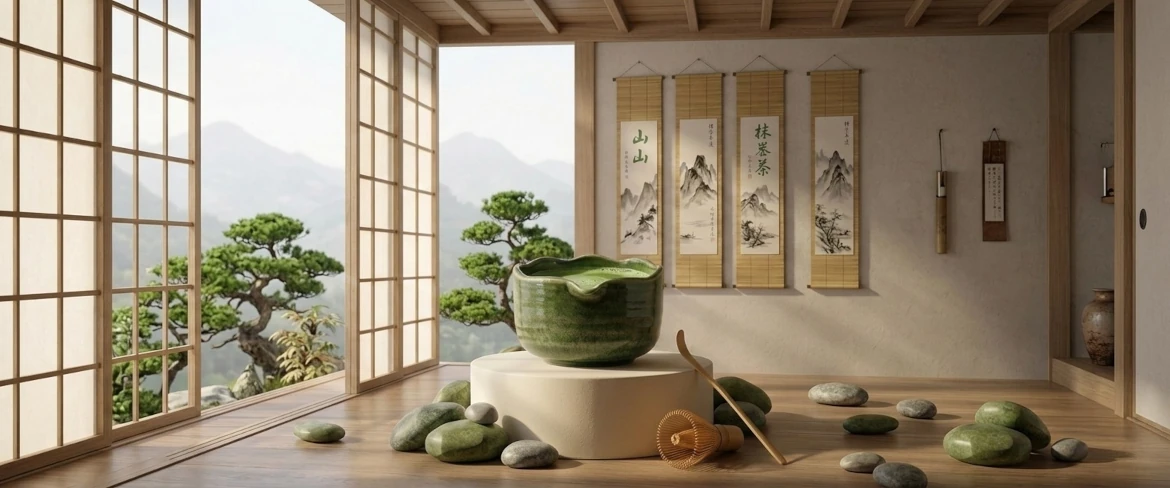 Matcha-skål og piskeris i et traditionelt interiør inspireret af chanoyu
