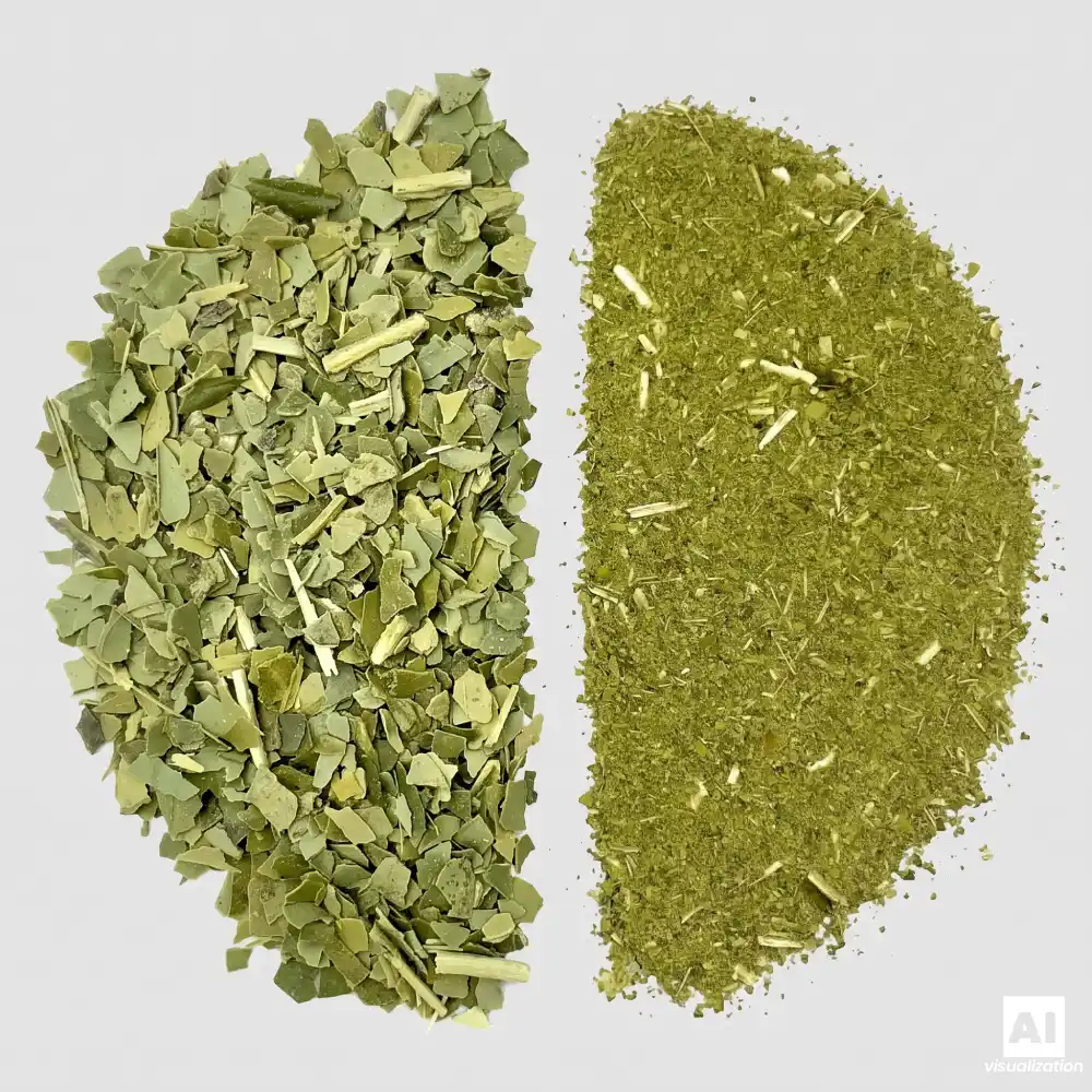 Sammenligning af grøn »despalada«-yerba mate og finmalet chimarrão.