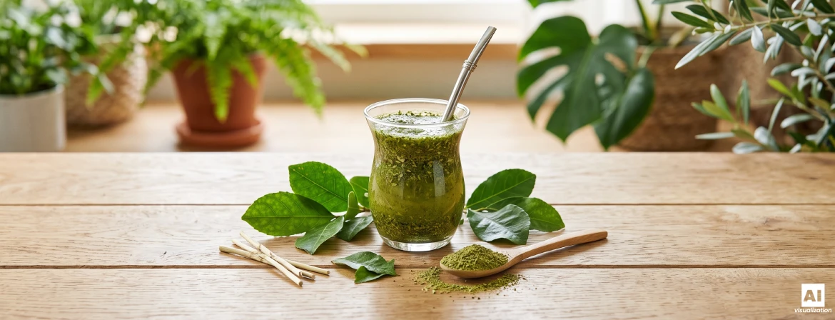 Glasbeholder med brasiliansk grøn yerba mate, yerba mate-blade og grønne tørrede blade på en ske.