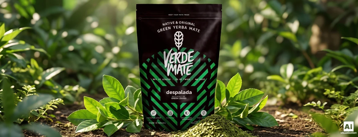 Verde Mate Green Despalada i doypack blandt friske blade og tørret grøn yerba mate.