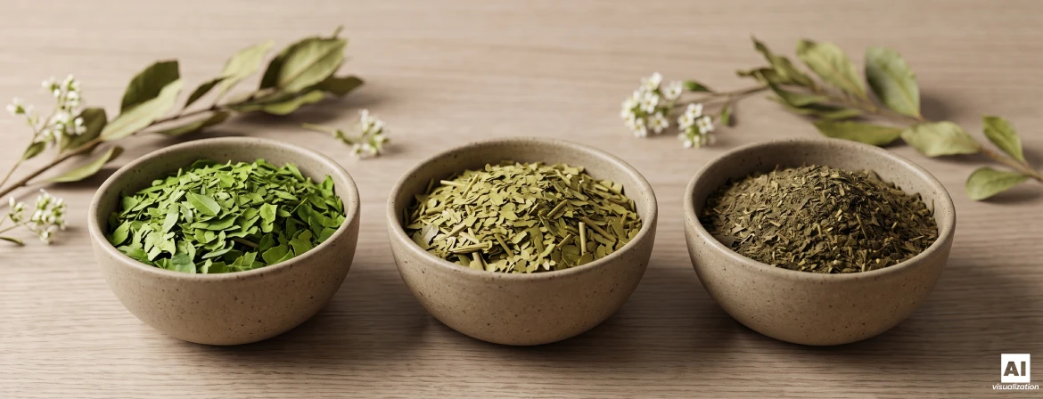 Tre skåle med tørrede yerba mate-blade i forskellige farver, finhed og styrke.