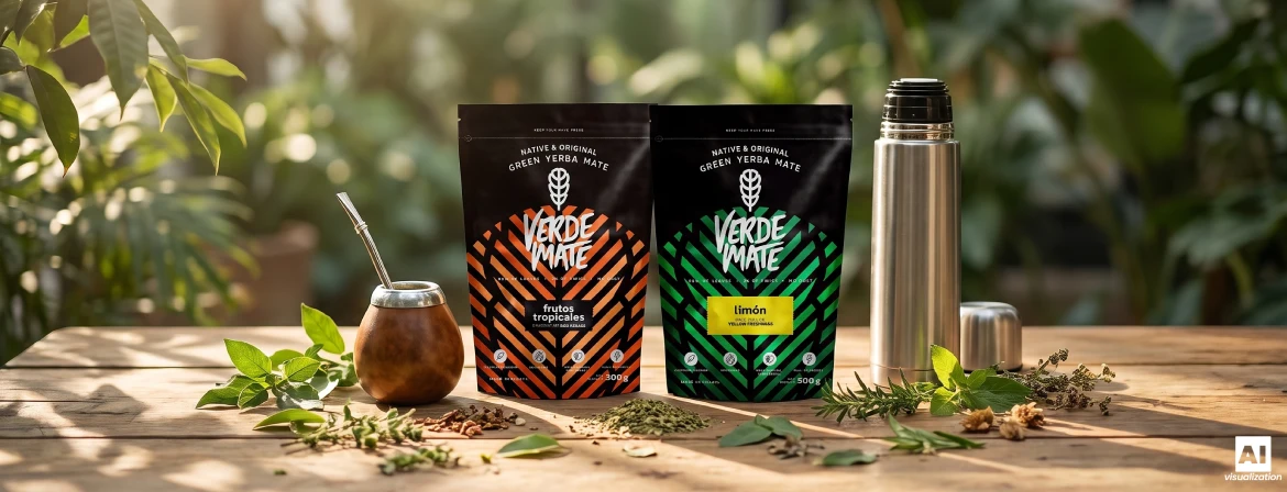 Sæt til brygning af brasiliansk yerba mate med en mate-kalabas, en bombilla, en termokande og Verde Mate-doypacks.