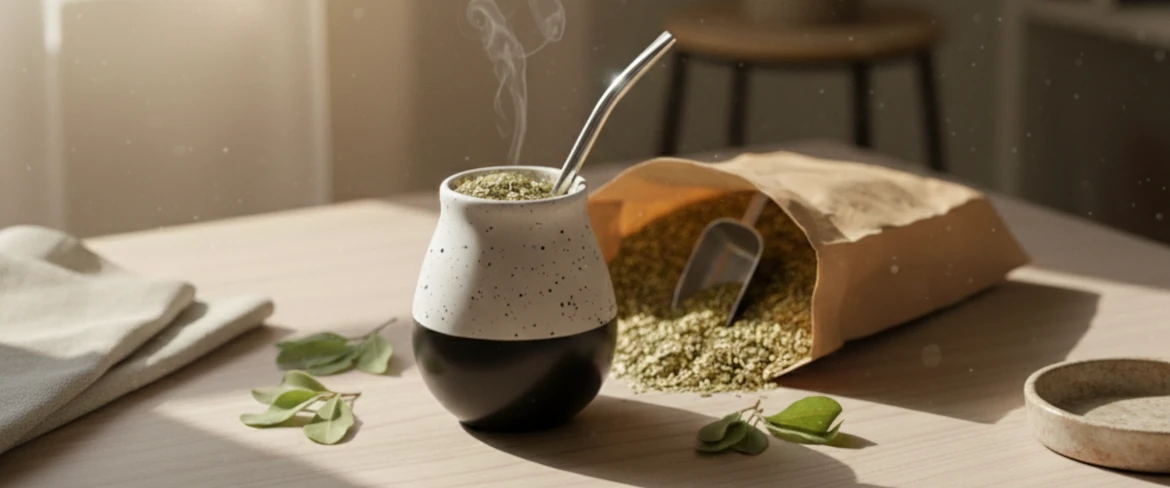 Keramisk mate-kalabas med yerba mate og en bombilla – keramisk yerba mate-beholder i naturligt lys