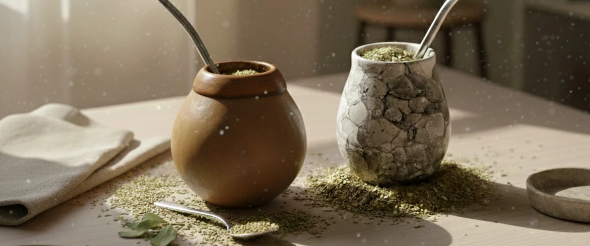 Sammenligning: naturlig kalabas og keramisk mate-kalabas side om side