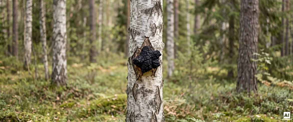 Sort chaga, der vokser på en birkestamme i en skov i nord.