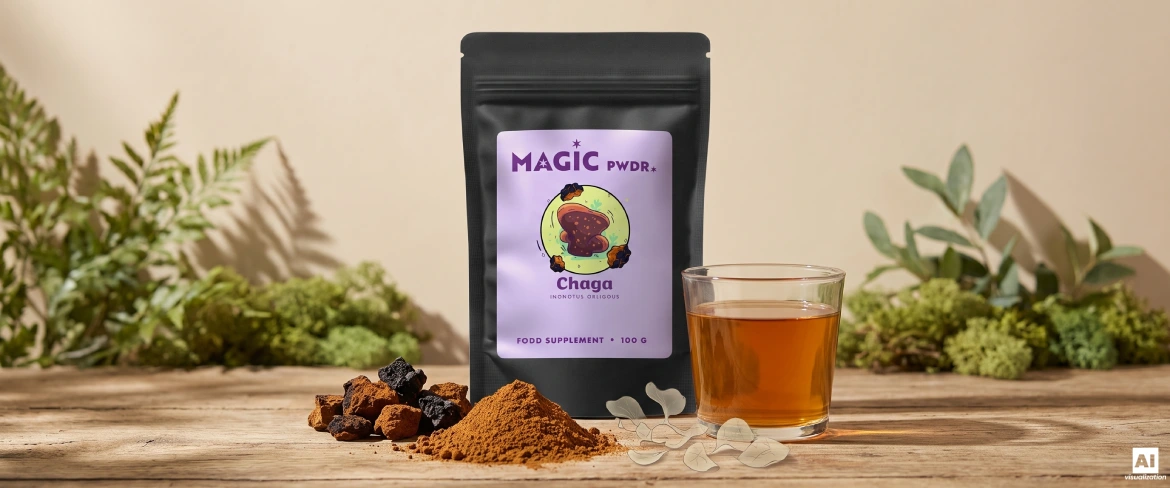 Chaga-pulverekstrakt, tørrede svampestykker og en infusion ved siden af en Magic Pwdr-doypack.