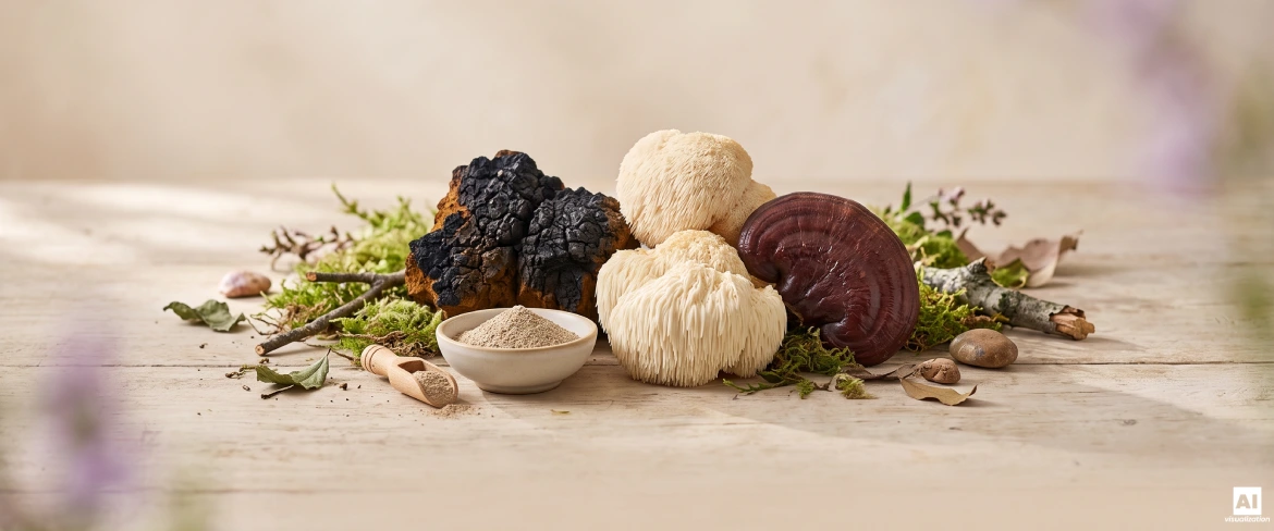 Chaga, løvehale og reishi som eksempler på funktionelle svampe.