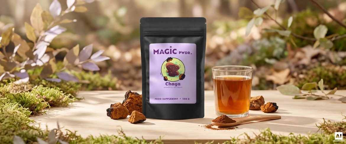 Magic Pwdr Chaga i doypack, ekstraktpulver, tørrede svampestykker og en infusion.