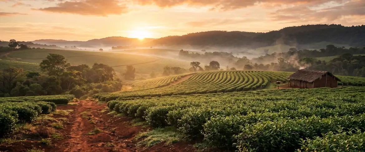 En tåget kristtornplantage ved solopgang – her dyrkes den traditionelle paraguayanske yerba mate.