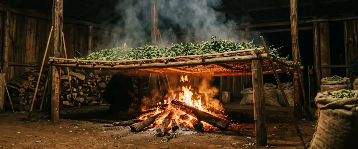 Den traditionelle metode, hvor bladene tørres over et barbacuá-bål, hvilket giver den paraguayanske yerba mate sin røgede smag.