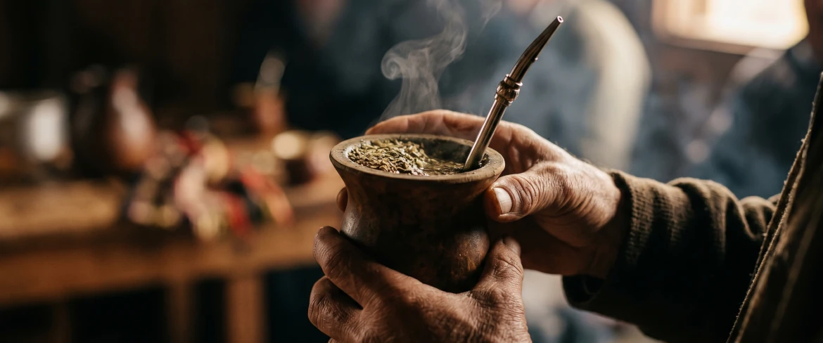 Hænder, der holder en mate-kalabas med en varm infusion – smagen, varmen og den opkvikkende virkning fra den stærkeste yerba mate.