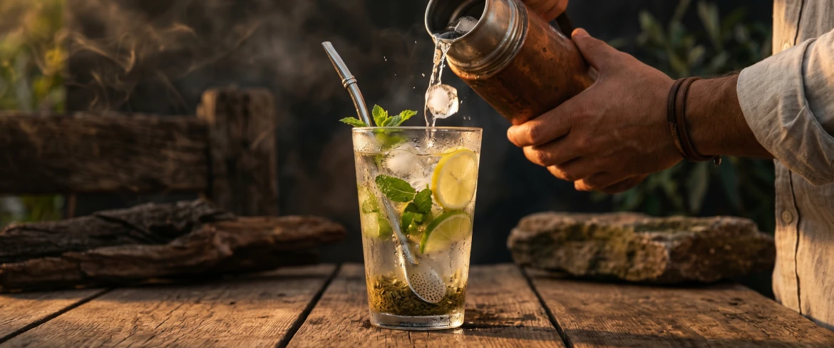 Forfriskende tereré med is og mynte, tilberedt med klassisk paraguayansk yerba mate.