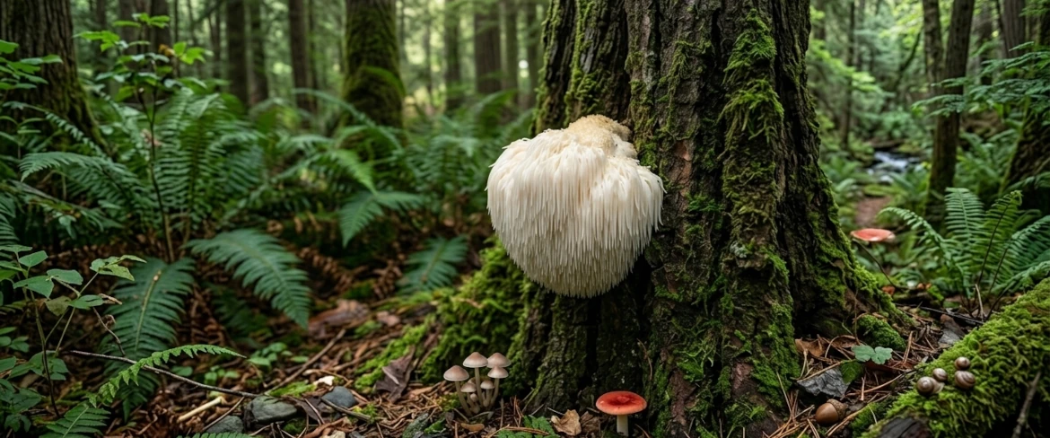Et naturligt frugtlegeme af løvehale-svampen, der vokser på et træ i skoven, og som bruges til at fremstille et ekstrakt, der er rigt på løvehale-svampens gavnlige egenskaber