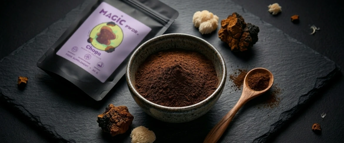 Mørkt svampepulver i en keramisk skål og en chaga-svamp ved siden af Magic Pwdr-produktet