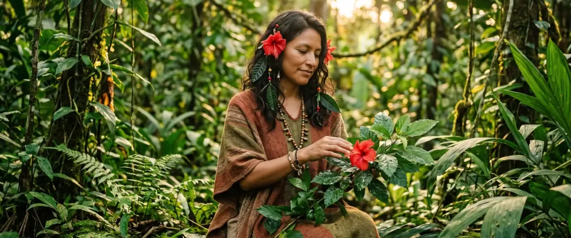En kvinde, der legemliggør en andinsk gudinde, omgivet af Amazonas’ natur og hibiscusblomster – et symbol på Pachamama Guayusas bæredygtige filosofi.