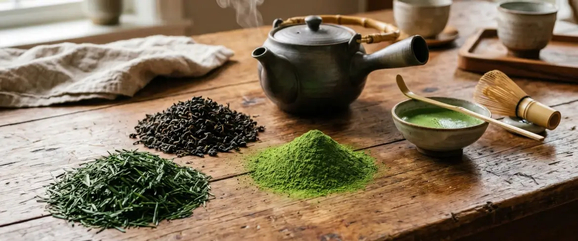 Løse teblade på et træbord: kinesisk grøn te, pulveriseret japansk matcha og rullede indiske sorte teblade.