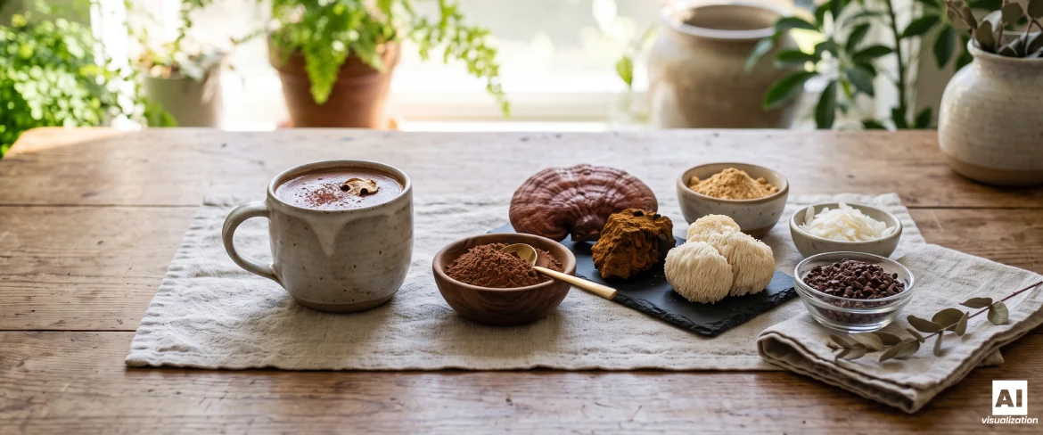 En kop kakao, kakaopulver, reishi-, chaga- og løvehale-svampe samt kakaobønner på et træbord.