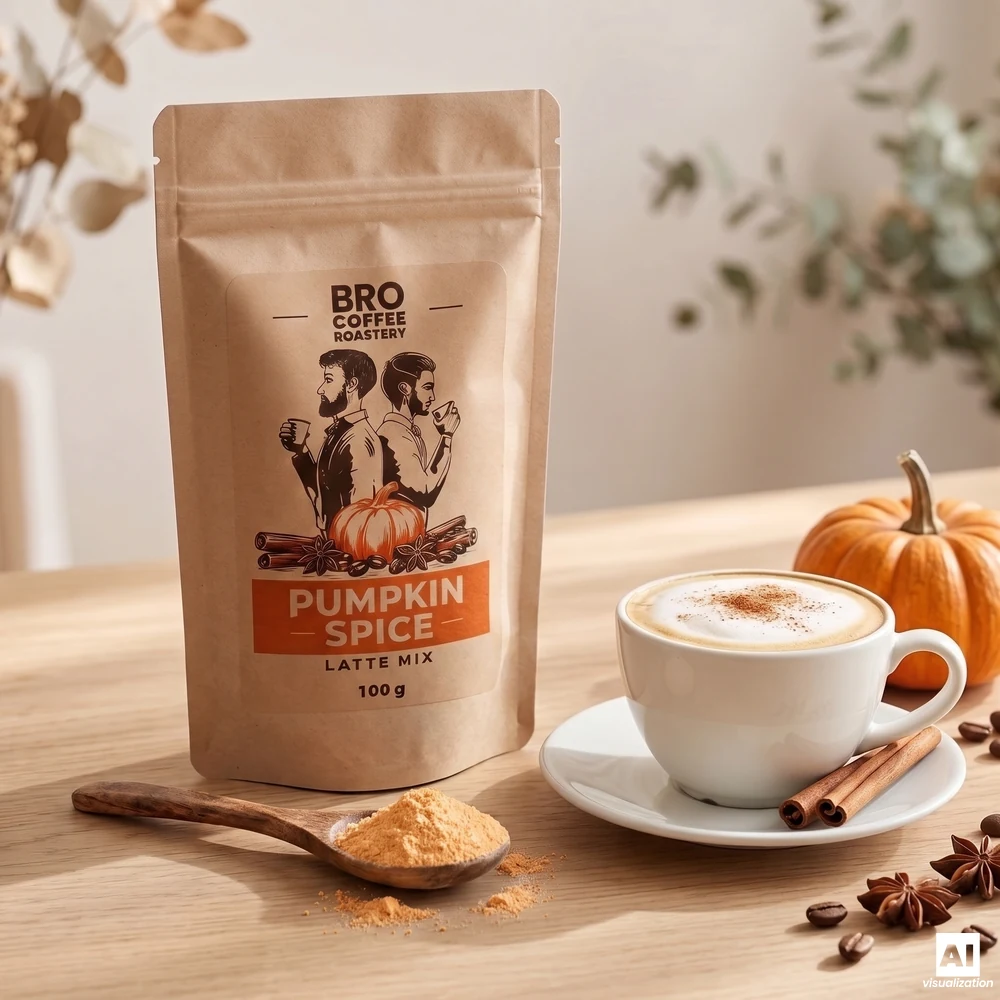 Bro Coffee Roastery Pumpkin Spice Latte-blanding, en træske med græskarpulver og en kop latte drysset med kanel.