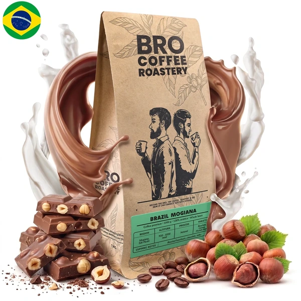 Bro Coffee Roastery Brazil Mogiana Premium 1 kg kaffebønner omgivet af chokolade med nødder og hasselnødder.