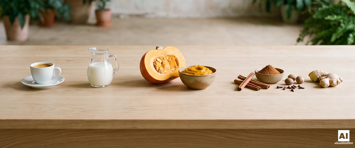 Ingredienser til græskar-kaffe på et træbord: espresso, mælk, græskar, græskarpuré, kanel, muskatnød, nelliker og ingefær.