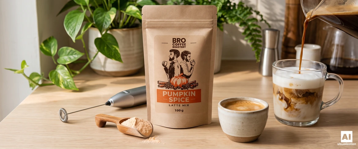 Bro Coffee Roastery Pumpkin Spice Latte-blanding, en mælkeskummer og espresso, der hældes i et glas med mælkeskum.