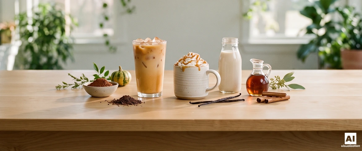 Kold græskarkaffe med is og en varm græskar-latte med karamel, sammen med en plantebaseret drik, ahornsirup, kakao og vanilje.