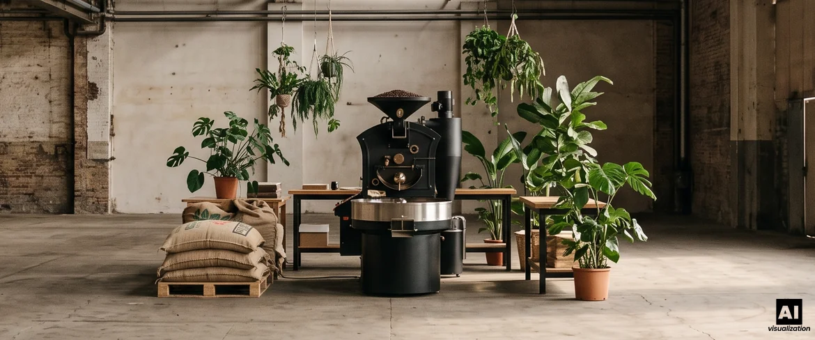 En kafferister med en afkølingsbakke, sække med grøn kaffe og planter i et håndværksmæssigt kafferisteri.