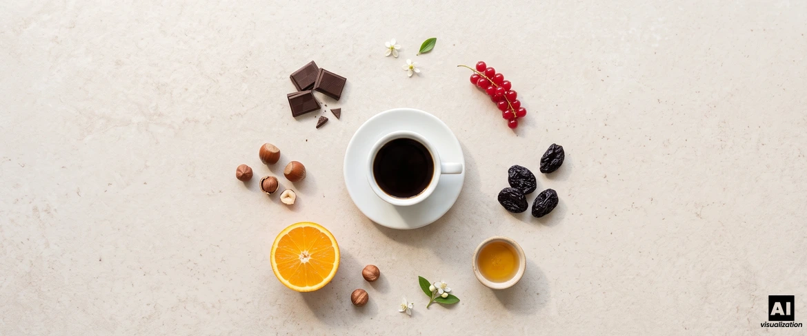 En kop sort kaffe omgivet af chokolade, nødder, appelsiner, korender og honning, der illustrerer smagsnoterne.