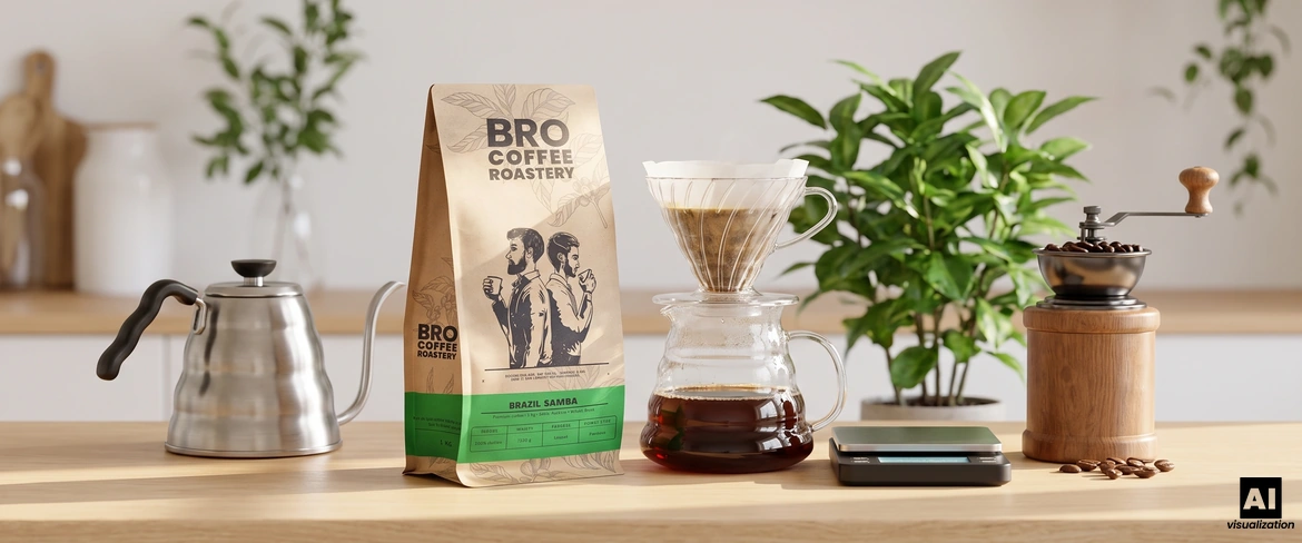 Bro Coffee Roastery Brazil Samba-kaffe ved siden af en filterkaffekande, en kedel, en vægt og en manuel kaffekværn.
