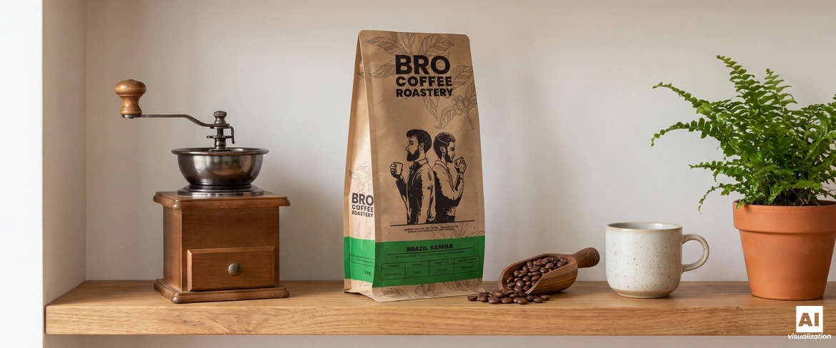 En forseglet pose med Bro Coffee Roastery Brazil Samba-kaffe på en hylde ved siden af en manuel kaffekværn og en kop.