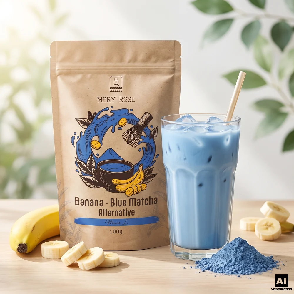 Mary Rose Blue Matcha Alternative – blå matcha med banan og spirulina, ved siden af en blå islatte og en banan.
