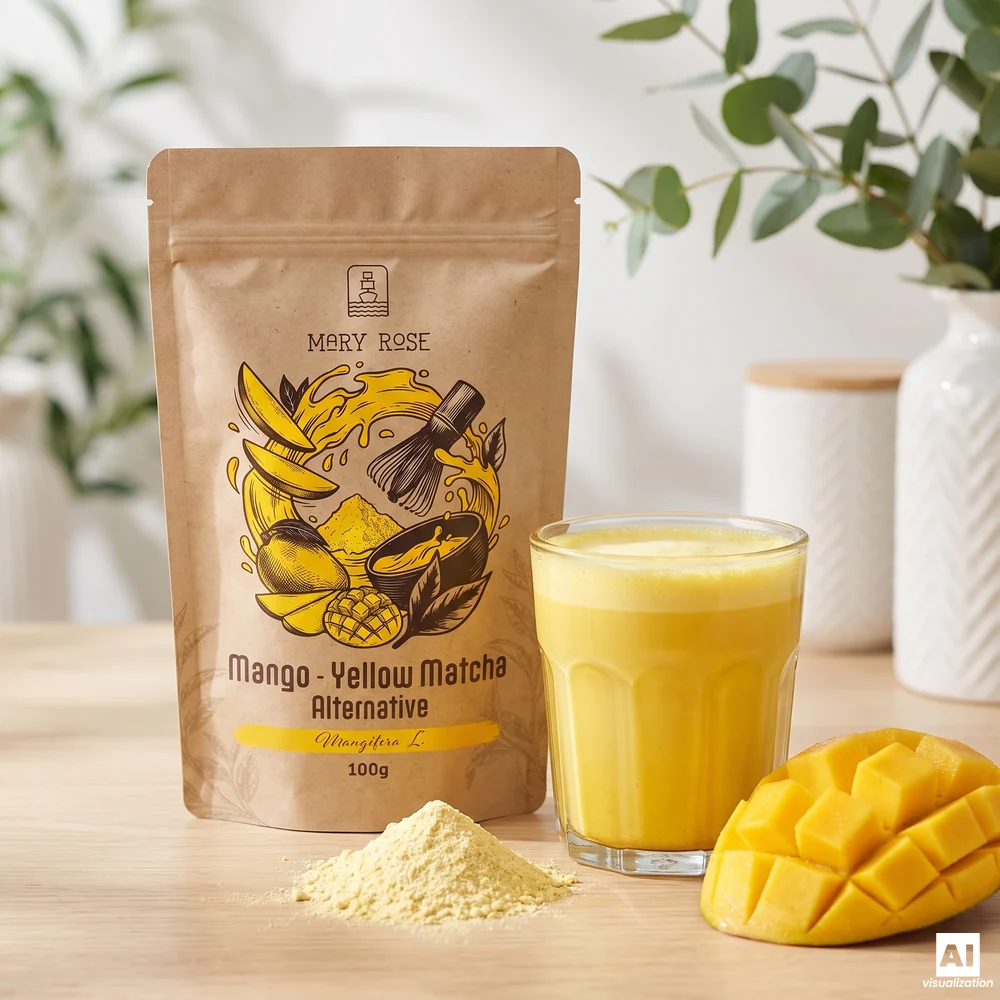 Mary Rose Yellow Matcha Alternative (mango-matcha): en pakke, en gul drik, pulver og mangoterninger.