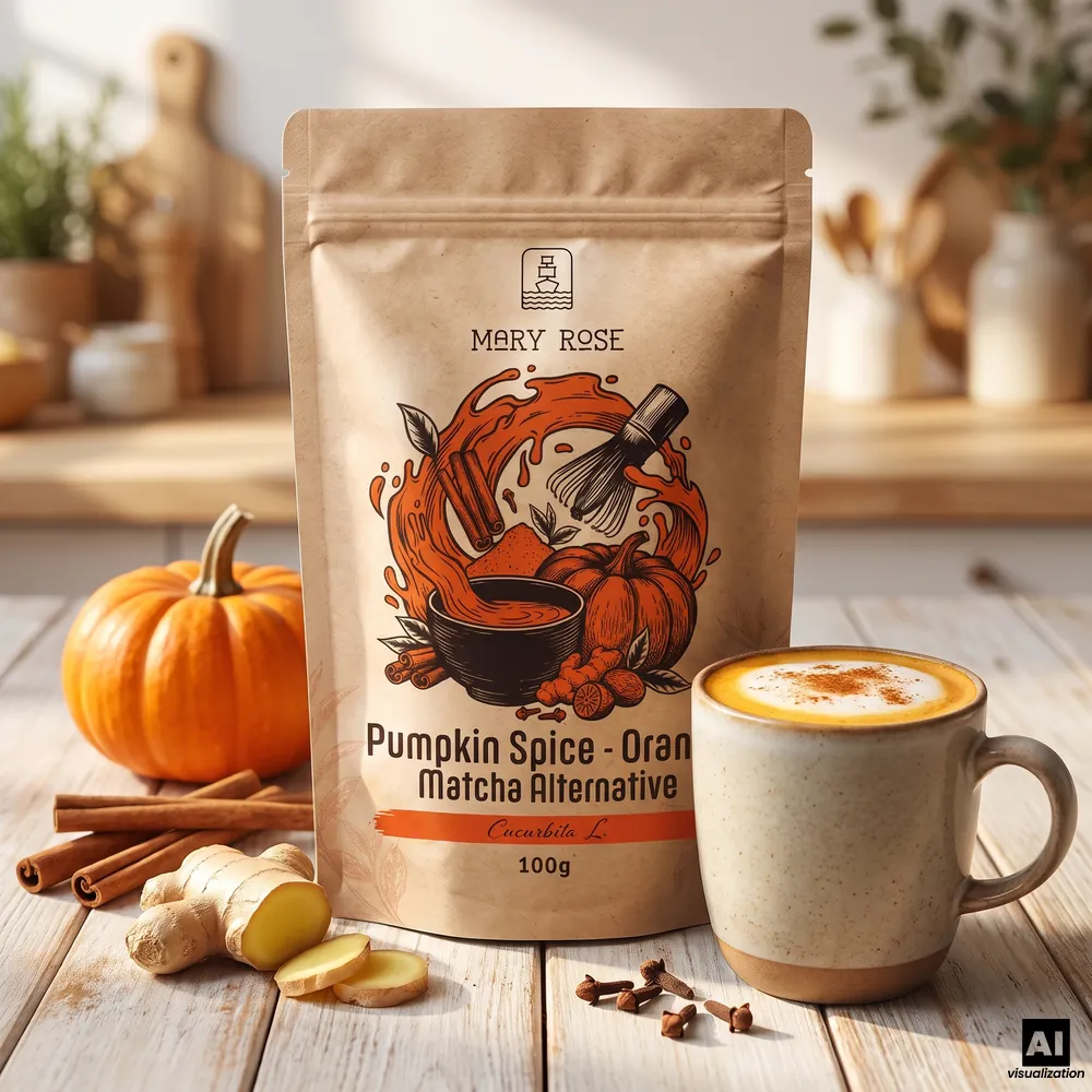 Mary Rose orange matcha med Pumpkin Spice, ved siden af en latte med kanel, et græskar, kanelstænger, ingefær og nelliker.