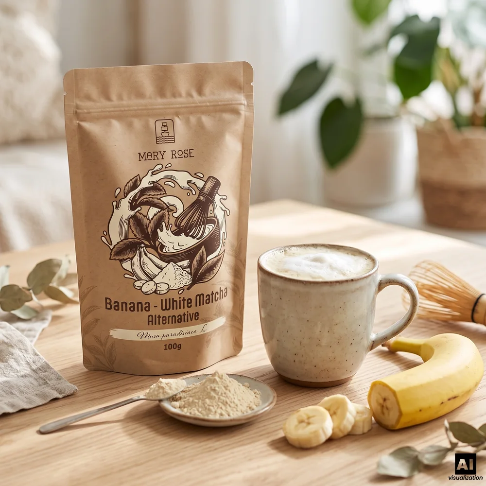 Mary Rose hvid matcha: frysetørret bananpulver, ved siden af en kop cremet bananlatte, en chasen-piskeris og en banan.
