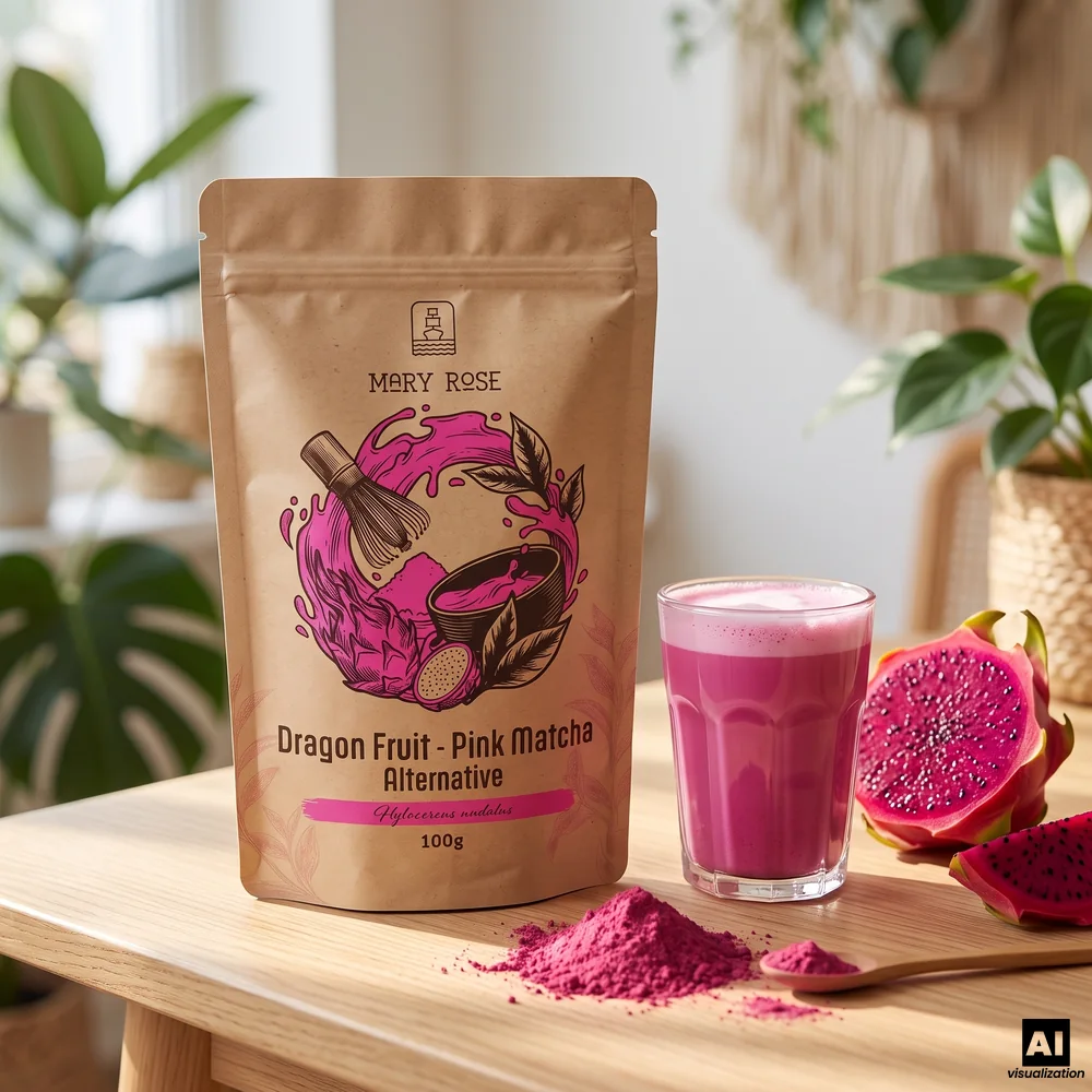 Mary Rose-rosa matcha lavet af frysetørret pitaya, ved siden af en rosa latte, pulver og en halveret rød pitaya.