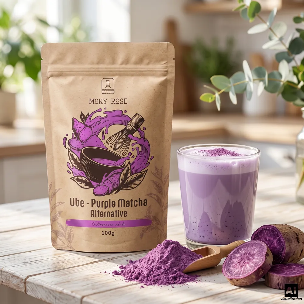 Mary Rose lilla matcha: ube-pulver ved siden af en lilla ube-latte, pulver på en træske og skiver af den lilla knold.