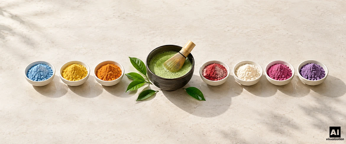 Klassisk grøn matcha i en skål med en chasen-piskeris, og ved siden af den farverig matcha i syv små skåle med pulver.