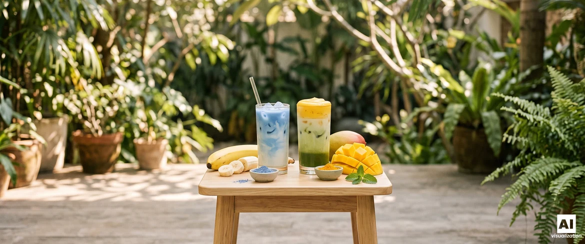 Blå matcha med banan og en lagdelt mango-matcha-latte med gult skum, ved siden af en frisk banan og mangostykker.