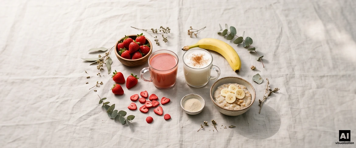 Rød matcha i en krus som jordbærlatte og en bananlatte med kanel, ved siden af jordbær, en banan og grød.