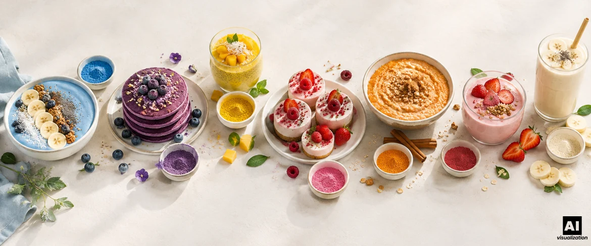 Farverige pulvere i køkkenet: en blå smoothie-skål, lilla ube-pandekager, mangopudding og lyserøde mini-cheesecakes.