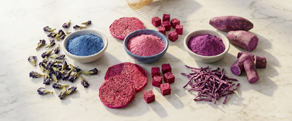 Hvad består blå matcha af, og hvilke andre varianter findes der? Clitoria ternatea, pitahaya, lilla søde kartofler og ube-pulver