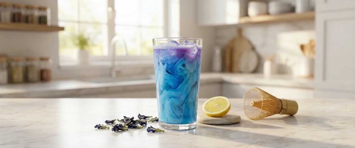 Hvad er blå matcha, og hvordan ser den ud? Blå matcha lavet af clitoria ternatea serveret med citron