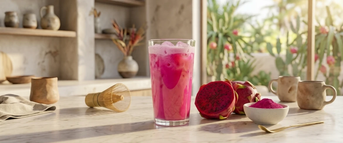 Lyserød matcha og frisk pitaya. Lækker kold pitaya-matcha