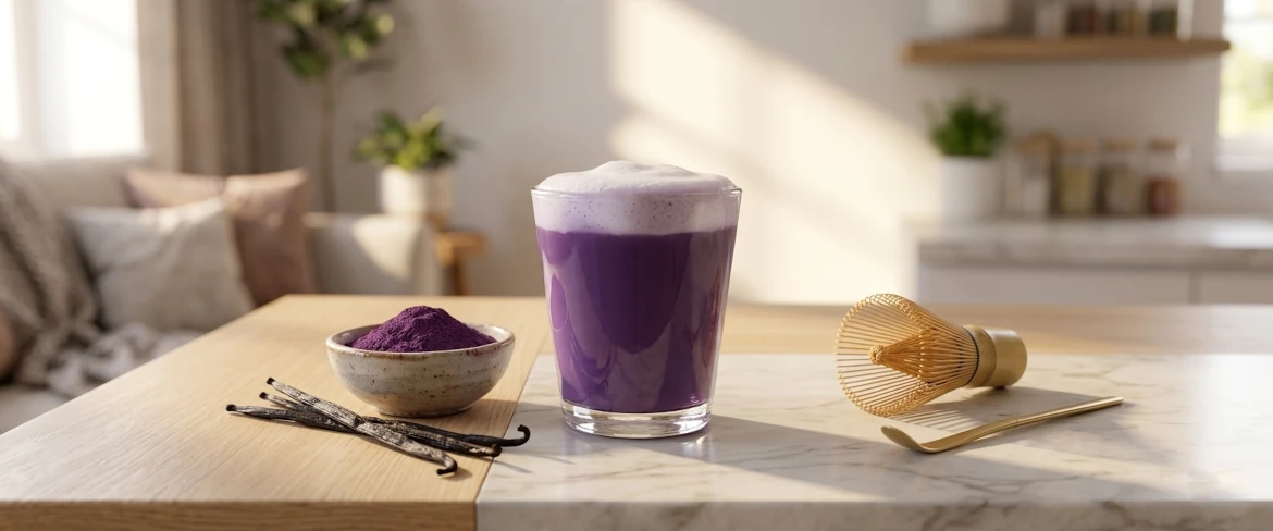 Hvad er ube? Lilla matcha serveret i et glas med mælk