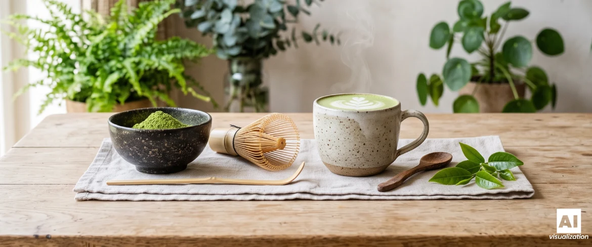 Matcha latte med mælk i en keramisk kop, en skål med matcha i pulverform og en bambuspiskeris.