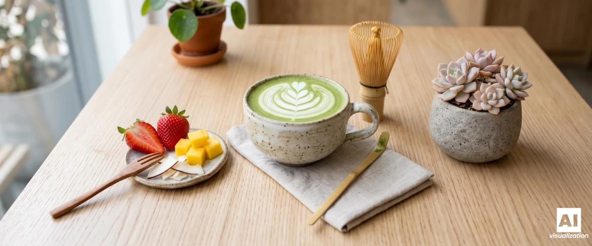 Matcha latte med mælk, en bambuspiskeris samt jordbær, mango og kokos på et bord.