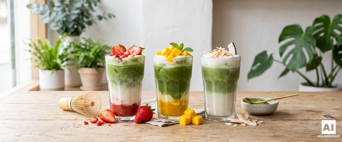 Farverige matcha-latte med flere lag, med jordbær, mango og kokos, serveret i glas.